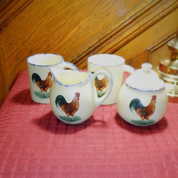 ~ Complete Set ~  (2) Mugs, Creamer & Sugar ~ all with Rooster Design ~ - Picture 1 of 1